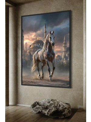 Artan Gallery Italyan Kadife Istanbul Temalı At Tablosu – Yağlı Boya Efektli Lüks Duvar Dekoru | Ahşap Çerçeve