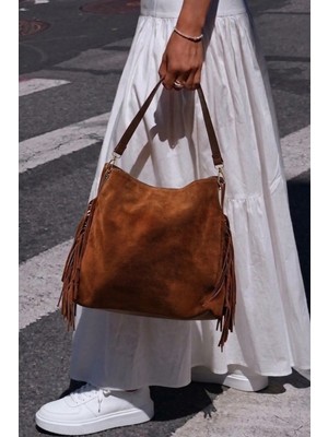 Marjin Kadın Hakiki Deri Püskül Detaylı El ve Omuz Çantası Soliga Taba Süet