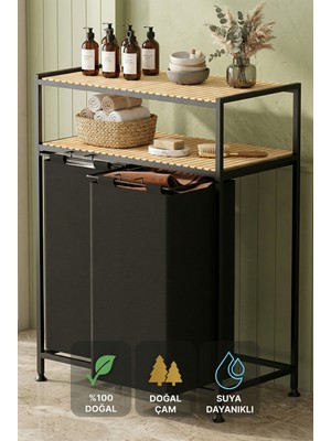 Robin Home Kirli Sepeti Ahşap Raflı 2 Katlı 2 Bölmeli Kumaş Banyo Dolabı Düzenleyici Çamaşır Sepeti