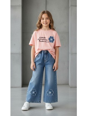 Miviko Kız Çocuk Takımı Alt Üst Set Çiçek Kot Nakışlı Süper Kalite Pamuklu Kumaş Full Lıkralı  Esnek