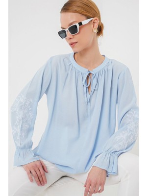 Trend Cojans Nakışlı Örme Bluz 941 - Mavi