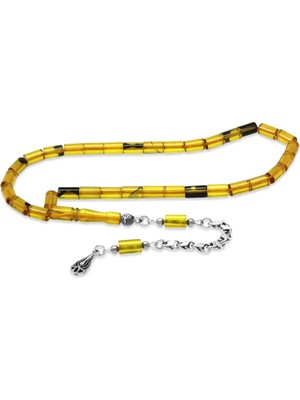 Tesbihname Ateş Kehribar Tesbih - Kararmaz Metal Damla Püsküllü - Sarı Siyah - Mini Boy - Kesme Kesim