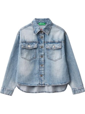 United Colors Of Benetton Kız Çocuk Açık Denim Göğüs Cepli Gömlek