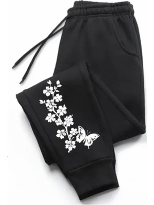 Punix Kids Özel Seri Çiçeklerin Tek Kelebeği Baskılı Çift Cep Yazlık Kız Çocuk Eşofman Altı