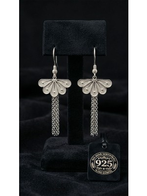 Erdobia 925 Ayar Gümüş Geleneksel El Işçiliği Telkari Yelpaze Motfili Zincir Sallantılı Küpe - Büyük