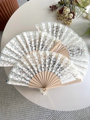 Miamantra 3 Adet Ahşap Dantelli Bej Rengi Katlanabilir Yelpaze /3'lü Set (Bekarlığa Veda, Nişan, Düğün Yelpazesi)