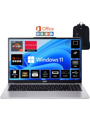 Acer Aspire Go AG15-41 Amd Ryzen 7 7735HS 8gb 1tb SSD Windows 11 Pro 15.6'' Fhd Taşınabilir Bilgisayar NX.J7FEY.002 + Boz Çanta