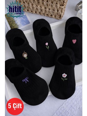 Hitit Socks Kadın 5 Çift Premium Kalite Fiyonk Çiçek ve Kalp Desenli Görünmez Babet Çorap Siyah