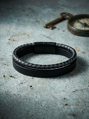 Generic Hakiki Deri Örgü Detaylı Ikili Kombin Erkek Bileklik - Manyetik Siyah Klipsli Modern Tasarım - Siyah