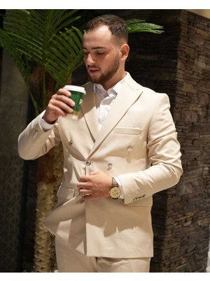 Beystil Sivri Yaka Bej Kruvaze Takım Elbise NIKOL036 - Slim Fit
