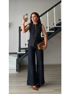 Elisin Lacivert Likralı Gold Düğme Yelek-Pantolon Takım