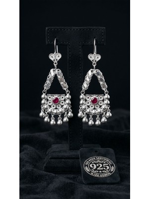 Roza Silver 925 Ayar Gümüş Geleneksel Telkari Yakut Rengi Taşlı Toplu Salkım Küpe