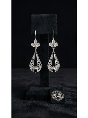 Roza Silver 925 Ayar Gümüş Geleneksel El Işçiliği Telkari Safir Taşlı Lale Figürlü Damla Drop Sallantılı Küpe