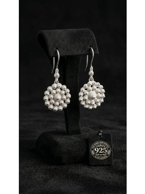 Roza Silver 925 Ayar Geleneksel Telkari Midyat Bereket Serisi Çiçek Sallantılı Kanca Gümüş Küpe - 17MM
