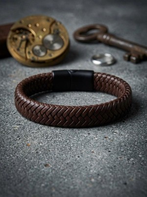 Generic El Örgüsü Kahverengi Deri Erkek Bileklik - Manyetik Siyah Mıknatıslı Klips