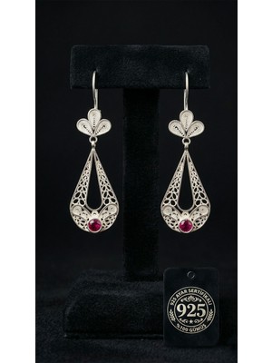 Roza Silver 925 Ayar Gümüş Geleneksel El Işçiliği Telkari Yakut Renk Taşlı Lale Figürlü Damla Drop Sallantılı Küpe