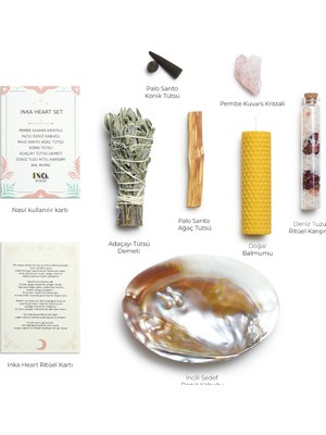 Inka Wood Co. Inka Heart Ritüel Seti – Pembe Kuvars, Palo Santo, Adaçayı, Deniz Tuzu, Balmumu