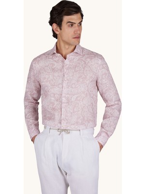 Paul & Shark Erkek Dar Kalıp Desenli Uzun Kollu Keten Pembe Gömlek 26413108-F18