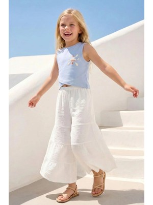 Queen Kids Kız Çocuk Volanlı Dokuma Pantolon Ekru
