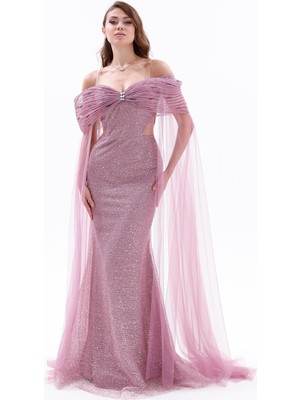 Bdm Exclusive Drapeli Taş Detaylı Tül Payet Pelerinli Uzun Abiye Elbise