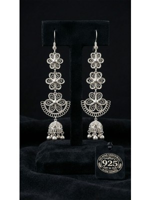 Roza Silver 925 Ayar Gümüş Geleneksel El Işçiliği Telkari Çiçek Motifli Salkım Çan Sallantılı Küpe