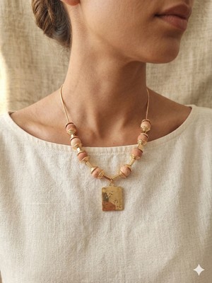 Olen Bohem Seramik Taşlı Dövme Metal Kare Tasarım Kolye