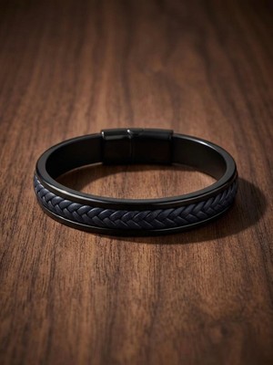Generic Erkek Lacivert Örgü Deri Bileklik - Siyah Paslanmaz Çelik Kasalı Manyetik Klipsli Lüks Tasarım