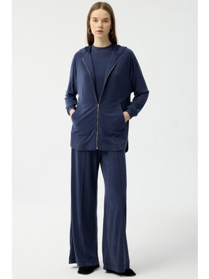 Lale Butik Kadriye Baştürk Modal Cupra Fermuarlı Hırka Pantolon Takım 415 Lacivert