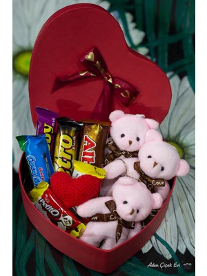 Aden Çiçek Evi Sevgi Dolu Kalp Kutu, Peluş Ayı, Çikolata, Kalp Anahtarlık Özel Gün Hediyesi Sürpriz Hediye