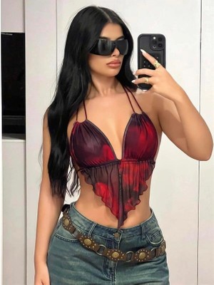 Aria's Closet Arias Closet Kırmızı Siyah Desenli Ince Askılı Üçgen Kesim Crop