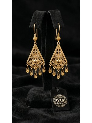 Roza Silver 925 Ayar Gümüş Geleneksel Telkari Altın Kaplama Baklava Dilimi Püsküllü Şık Drop Küpe