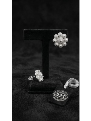 Roza Silver 925 Ayar Geleneksel Telkari El Işçiliği Midyat Bereket Serisi Çiçek Çivili Gümüş Küpe - 10MM