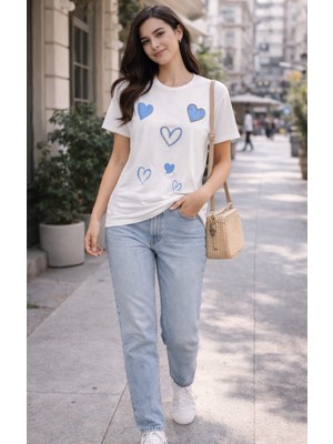 Dima Kalp Taşlı Kısa Kollu Bisiklet Yaka T-Shirt