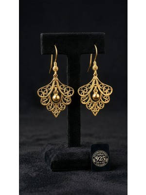 Erdobia 925 Ayar Gümüş Geleneksel El Işçiliği Telkari Altın Kalplama Tavus Kuşu Tüyü Kanca Küpe