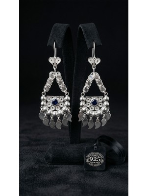 Roza Silver 925 Ayar Gümüş Geleneksel Telkari Safir Taşlı Pullu Salkım Şahmeran Küpe