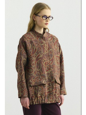 Lale Butik Kadriye Baştürk Desenli Jakarlı Bomber Ceket 711 Kahverengi