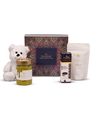 Vivaldi Piano Hediye Seti - El Yapımı Lezzet Kutusu, Antep Fıstığı Kreması, Türk Kahvesi ve Beyaz Peluş Ayıcık