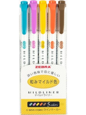 Zebra Mildliner Çift Taraflı İnce Uçlu Fosforlu Kalem Seti, 5'li Karışık Renkli Ofis ve Okul Kullanımı