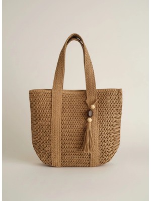 Gullfoss Kadın Hasır Omuz Çantası - Iç Astarlı Püskül Detaylı Plaj ve Günlük Kol Çantası