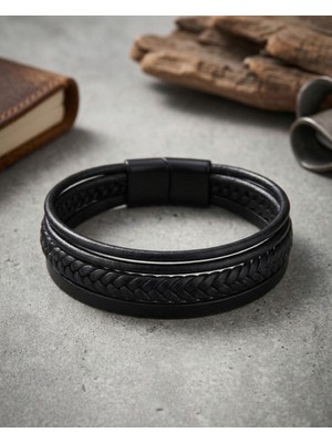 Generic Hakiki Deri Örgü Detaylı Ikili Kombin Erkek Bileklik - Manyetik Siyah Klipsli Modern Tasarım