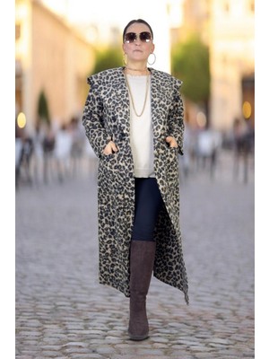 Leopar Desenli Torba Cep Kapamasız Kapüşonlu Büyük Beden Buklet Kap Ceket