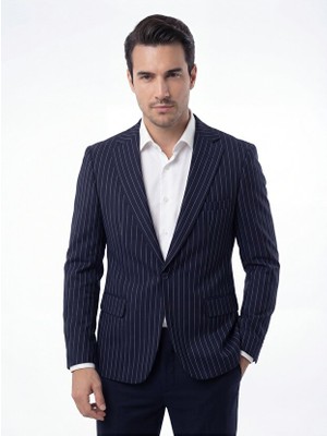 Bonesti Erkek Slim Fit Blazer Ceket Lacivert Çizgili