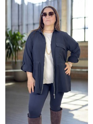 Fermuarlı Katlanır Kol Belden Büzgü Detay Büyük Beden Mevsimlik Ince Tensel Safari Ceket