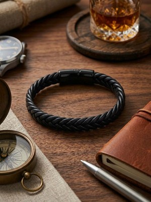 Generic Erkek Siyah Hakiki Deri El Örmesi Manyetik Tokalı Şık Bileklik