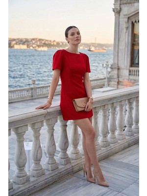 Lela Kayık Yaka Balon Kol Mini Davet Elbise Bayan Elbise 6525735