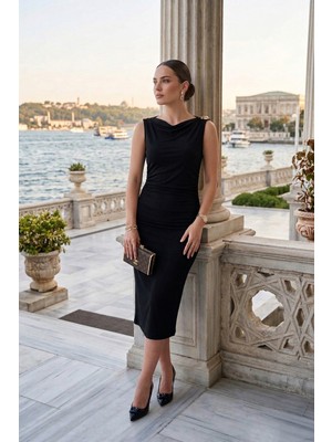 Lela Midi Boy Degaje Yaka Vücuda Oturan Elbise Bayan Elbise 6525741