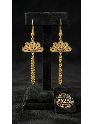 Roza Silver 925 Ayar Gümüş Geleneksel El Işçiliği Telkari Altın Kaplama Yelpaze Zincir Sallantılı Küpe - Küçük