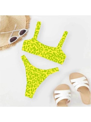AGM Fosforlu Sarı-Yeşil Üzerine Leopar Desenli Iki Parçalı  Bikini Takımı .m Beden Leopar Desenli Bikini Takımı