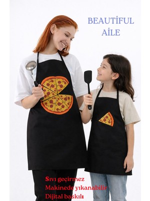 Sevilya Beautiful Aile Sıvı Geçirmez Su Geçirmez Mutfak Önlüğü Yetişkin ve Çocuk Önlüğü Pizza Siyah