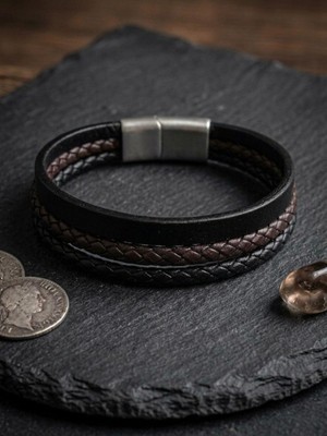 Generic Viking Serisi - Hakiki Deri ve El Örgüsü Kombinasyonlu Erkek Bileklik - Manyetik Çelik Kilitli